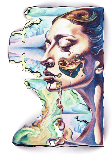 Surreal colored pencil drawing of a woman's face with melting abstract patterns and landscape reflections.