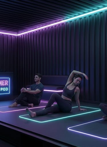 People practicing yoga inside the Top Hammer Safe Party Pod wellness setup.