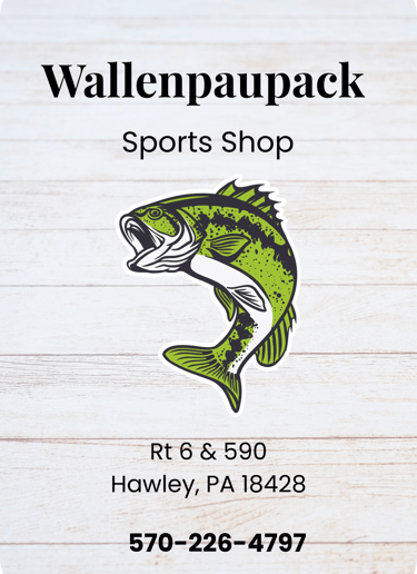 Wallenpaupack Sports Shop logo featuring a largemouth bass over a white wood background.