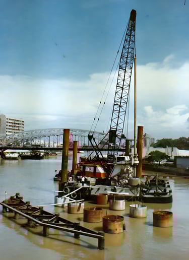 a crane crane is in the water near a dock