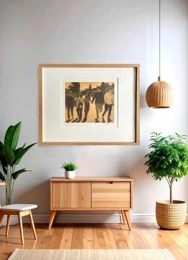 Framed family photo hanging above a wooden sideboard in a modern minimalist living room.