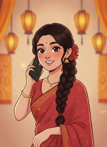 Beautiful South Asian woman in red saree and gold jewelry talking on smartphone; festive Indian fest