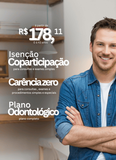 Homem sorridente ao lado de informações sobre plano de saúde empresarial São Bernardo Samp, com preç