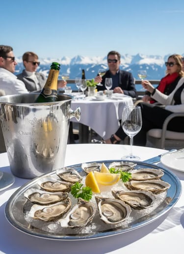 Fresh oysters and champagne served on a sunny terrace with a panoramic view of the snow-capped Austr
