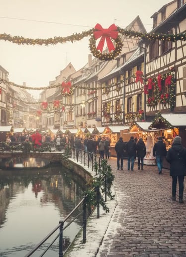 A picturesque European street scene in winter, with people walking along a canal or waterway between