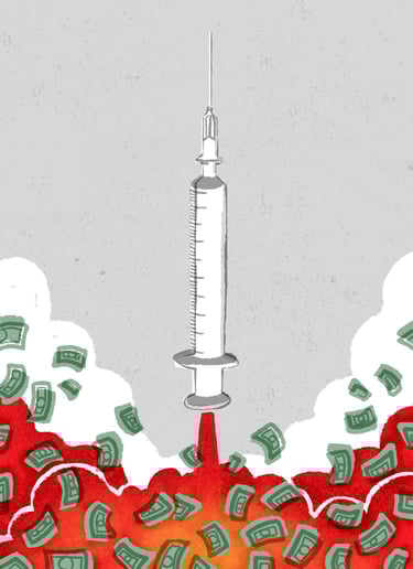 a vaccine imitating a rocket takes off while a lof of money bills fly