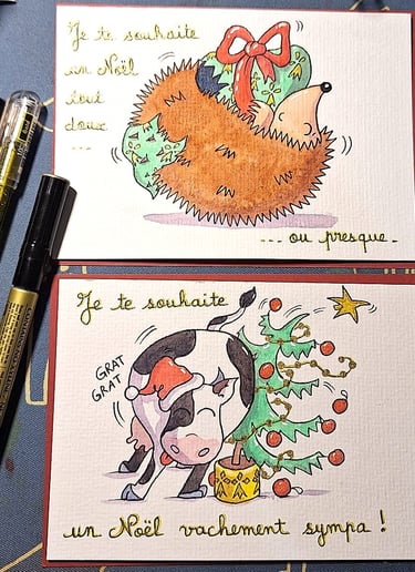 deux cartes de noel avec illustrations à l'aquarelle mignonnes et rigolotes : hérisson et vache