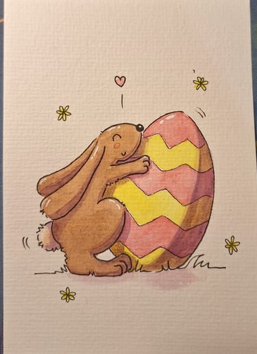 carte illustrée à l'aquarelle : mignon lapin de pâques et son œuf géant