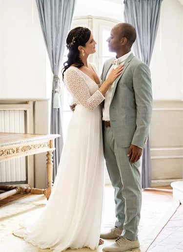 Editorial fine art portrait of bride and groom in a stunning château in the South of France