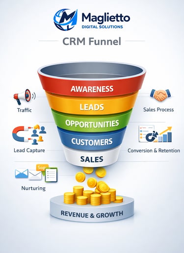 Maglietto CRM funnel diagram showing CRM stages from awareness to revenue & growth.