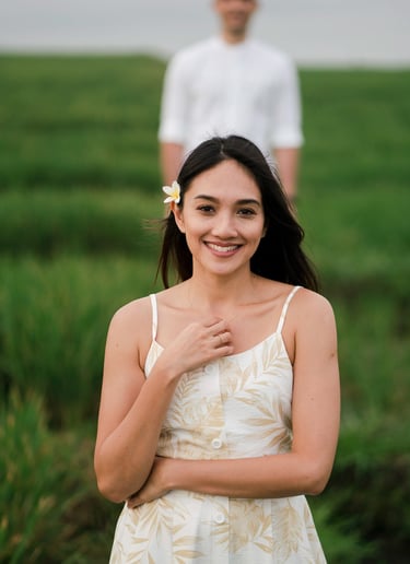 Close portrait of bride in rice field at Waka Gangga luxury resort in West Bali