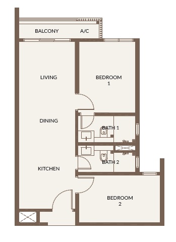Bukit Chagar Living Type A layout – 1 bedroom, study room, 1 bathroom, 1 balcony
