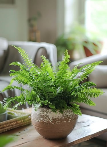 Lush green Boston fern houseplant in a ceramic bowl on a wooden coffee table in a bright living room.
