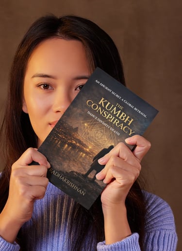A woman holds a copy of The Kumbh Conspiracy book by Radhakrishnan, a thriller novel about ancient secrets.