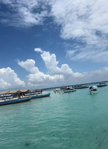 Tourists enjoying a traditional fishing game experience in Zanzibar, with boats anchored on the turquoise waters