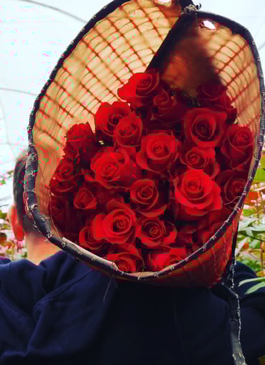 a person carrying a red rose bouquet in a greenhouse