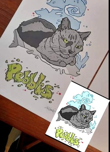 'Pebbles' cat cartoon by artist Peter Willmore