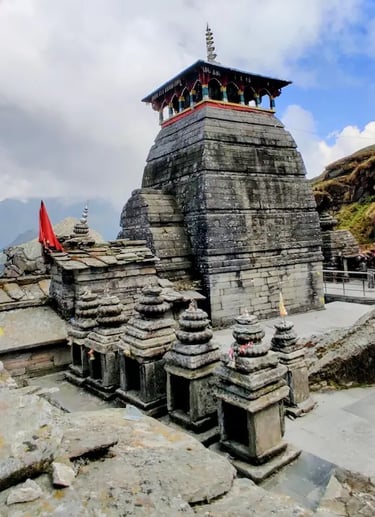 Tungnath Temple with surrounding small shrines, Chopta, Uttarakhand Himalayas.