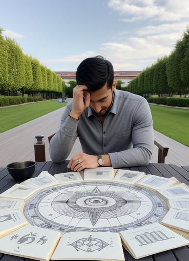 a man sitting at a table with a compass on it