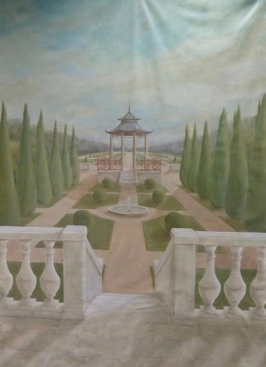Décor mural peint sur une toile, imitant le style des décors des jardins à la Française du XVIII