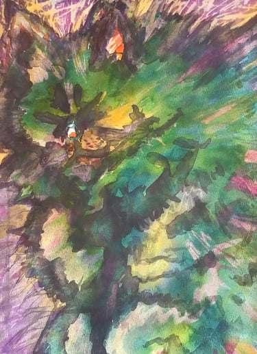 "In the embrace of a furry friend, rest flourishes." Warm, tender brushstrokes by Tabuchi.