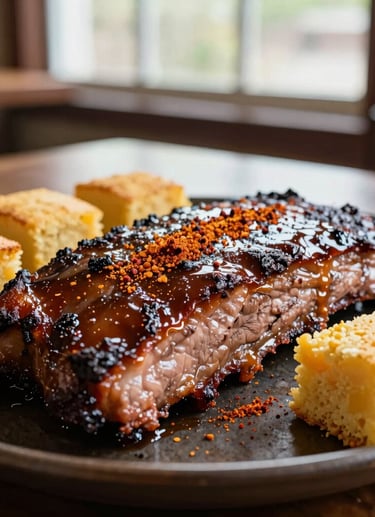 A mouthwatering close-up photograph of slow-smoked barbecue brisket brushed with rich brown glaze and dusted with red-orange Nigerian spices, served alongside golden cornbread on a rustic dark platter. Shot in soft, natural window light inside a warm North American dining setting.