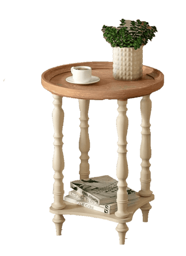 Round wooden side table with spindle legs, a coffee cup, and a potted plant.