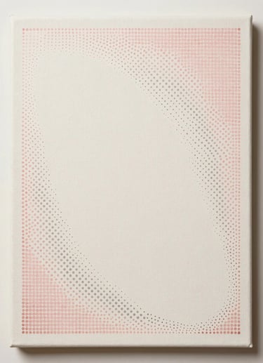 Close flatlay of a small pointillist panel, soft rose and grey dots forming an asymmetric arc across ivory ground, diffuse north-facing studio light, the arc opening toward the lower-right corner of the canvas