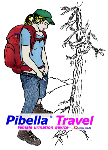 Woman demonstrating the standing use of Pibella Travel in a hand-drawn vector sketch.