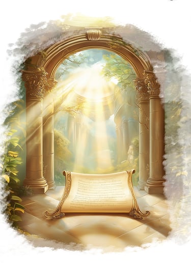 Magical scroll on leafy forest floor surrounded by vines and golden light in enchanted glade.