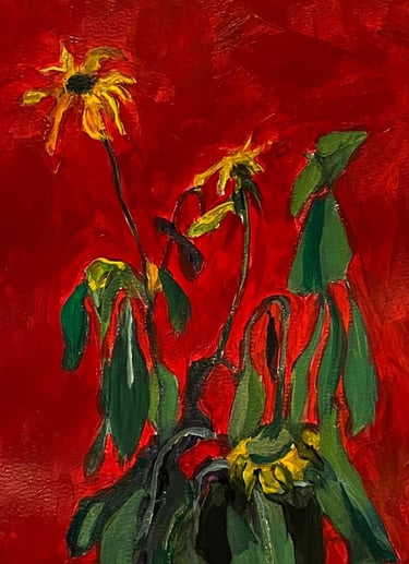 Dying Flowers on Red on Paper in Acrylic