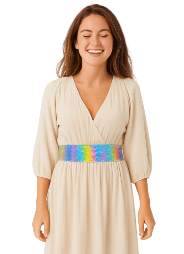 Happy woman wearing a vibrant wellbeing sash around her waist, symbolising support, calm, and inner steadiness
