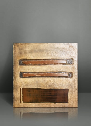 Textured gold and bronze abstract wall art featuring geometric horizontal bars.