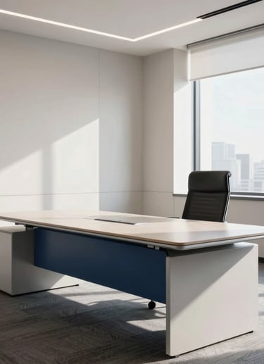 A crisp, modern North American / US corporate conference desk in an executive room with off-white walls, steel blue accents, bright daylight streaming through window blinds, and clean structured layout conveying high-trust professionalism.