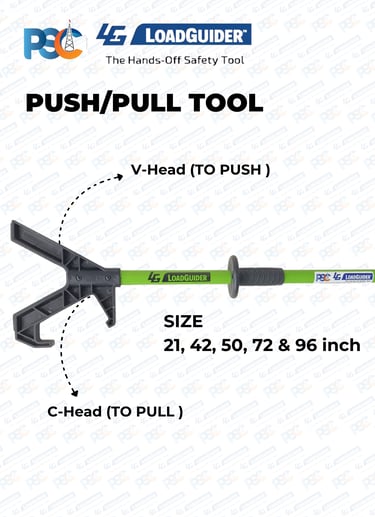 Hands-free lifting safety website design for PSC LoadGuider push pull stick with blue footer and cle