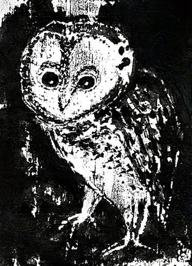 Masked owl woodcut.
