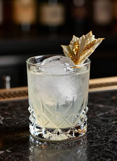 An exquisite craft cocktail in a crystal lowball glass with a clean ice sphere and a subtle gold-dusted botanical garnish, set on a dark, reflective marble counter. Moody, professional editorial photography, South American / Brazilian upscale lounge vibe, soft gold accents.