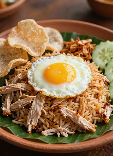 A close-up appetizing photograph of Javanese Fried Rice served on a clay dish with a fresh green banana leaf. Garnished with shredded chicken, a sunny-side-up egg, crispy traditional crackers, fresh cucumber slices, and fried shallots. Warm natural afternoon light.