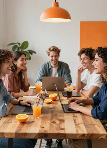 A candid photograph of a vibrant young design team collaborating in a bright North American / US creative loft. They are laughing around a natural wood desk with fresh orange slices, iced drinks, and laptops, surrounded by modern cream decor and energetic orange studio accents.