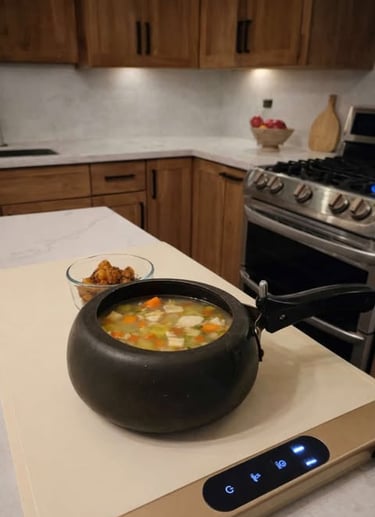 Electric heated mat with chicken vegetable soup on a kitchen island, warming meal indoors