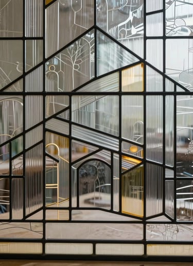 A refined, close-up photograph of a bespoke contemporary stained glass piece created by a French artisan in a Paris metropolitan area workshop. The glass features delicate geometric patterns, subtle light reflections, and transparent and frosted textures, conveying high-end architectural design.