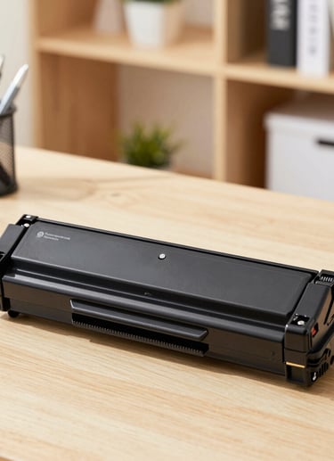 Black premium laser toner cartridge on a wooden office desk with stationery and bookshelves.