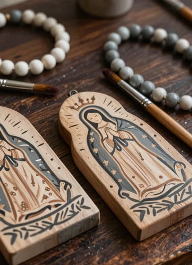 A close-up studio photograph in Latin America / Chile showing an artisan painting station. Fine paintbrushes rest on dark wood next to delicate hand-painted wooden virgins and handcrafted beaded necklaces in soft warm gray, charcoal, and off-white palette tones.