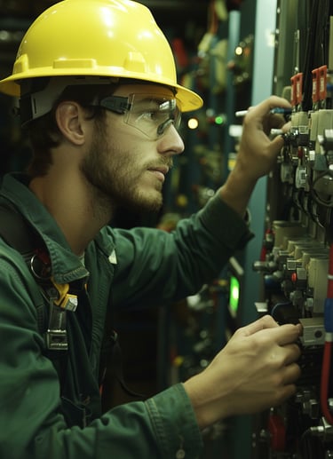 Técnico da Play KRon com capacete realiza manutenção em painel de automação de plataforma elevatória