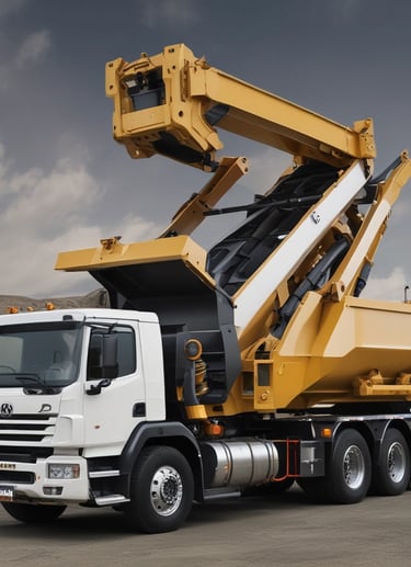 A close-up view of mechanical components featuring a chain and a series of cylindrical parts with golden and red structural elements. The chain is wound around a sprocket, and the parts are supported by a red frame with yellow bolts.
