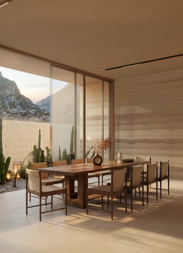 Modern indoor dining space with panoramic desert views