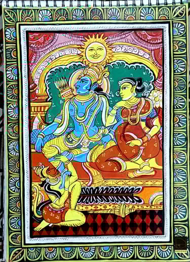 pattachitra art of hindu scripture ramayana with lord rama ,his consort sita and his devotee hanuman