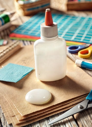 um tubo de cola escolar sobre algumas folhas e materiais para artesanato