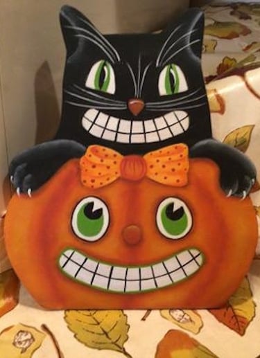 Karen Schaffert's original design called, "Spooky Cat & Jack", acrylics, black cat, pumpkin