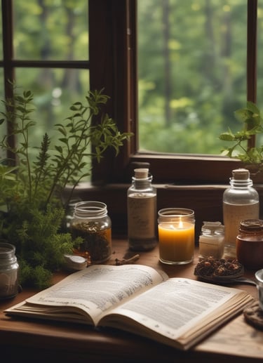 a book open book with a candle and herbal jars
